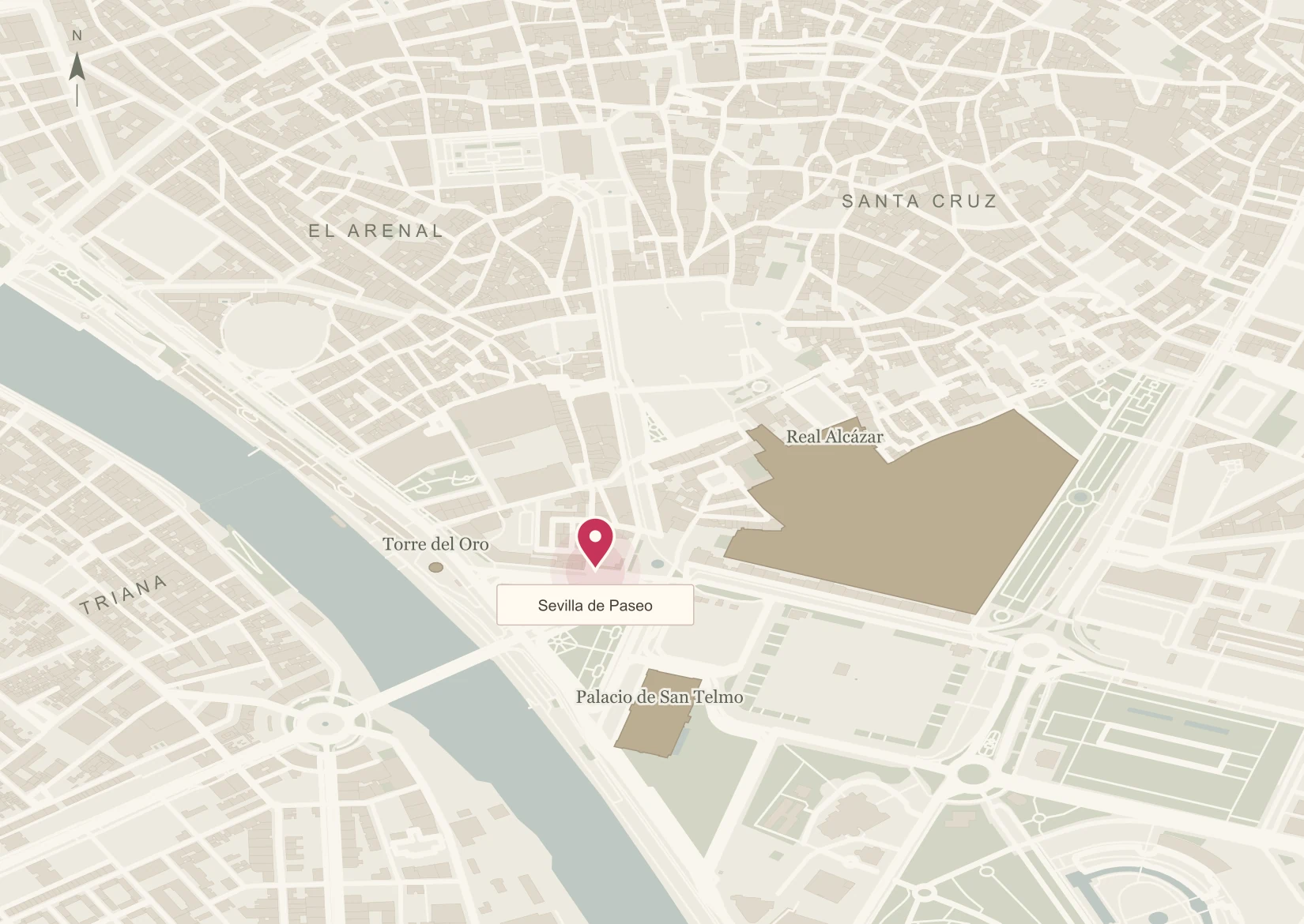 Mapa del centro de Sevilla con la ubicación de Sevilla de Paseo en Calle Almirante Lobo 13, junto al Guadalquivir